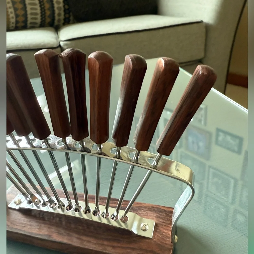 Vintage Cocktail Appetizer Stainless Steel and Rosewood Stand Bar Rostfrei Set.